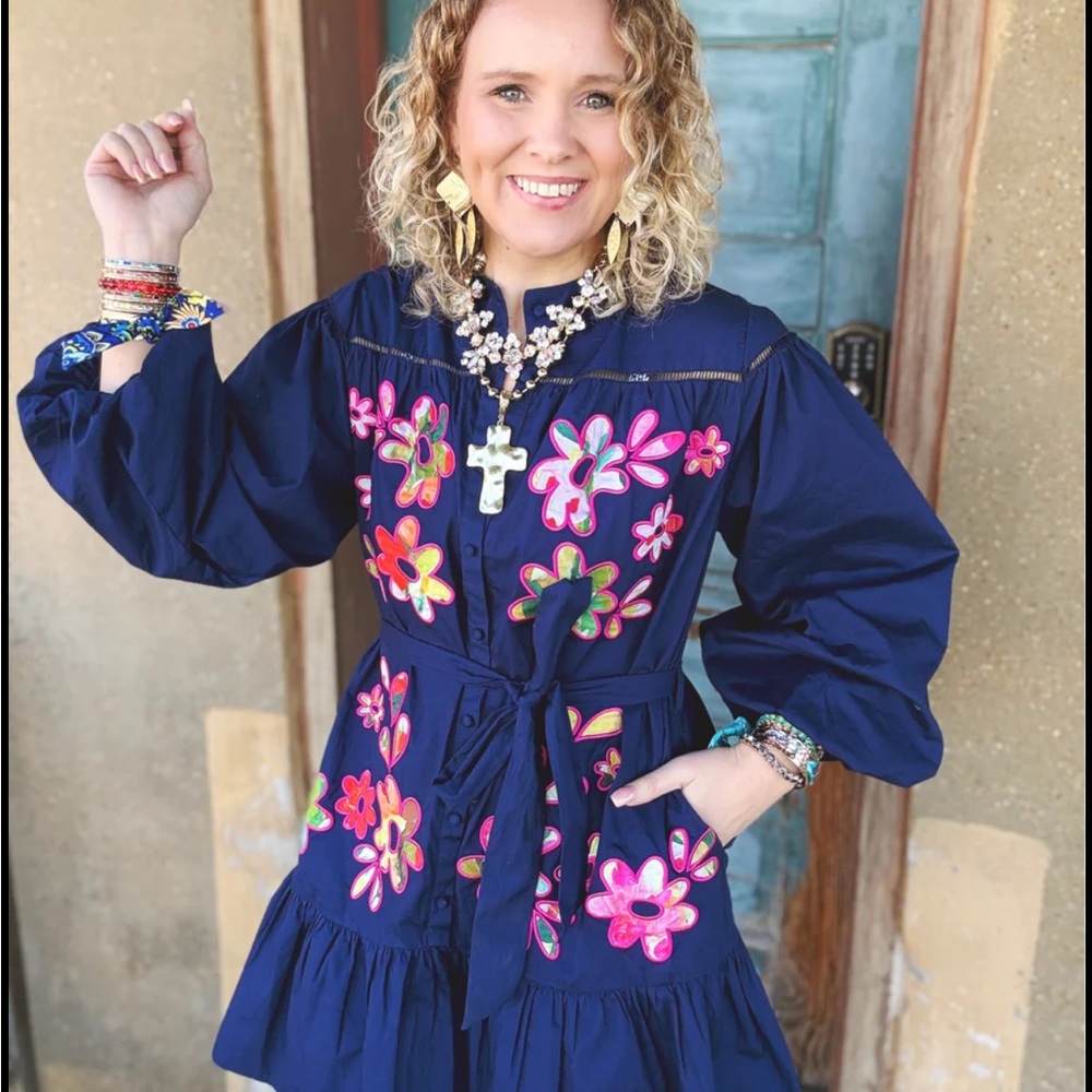 Alicia Navy Tiered Dress with Bright Multicolor Floral Embroidery - Picture 2 of 4